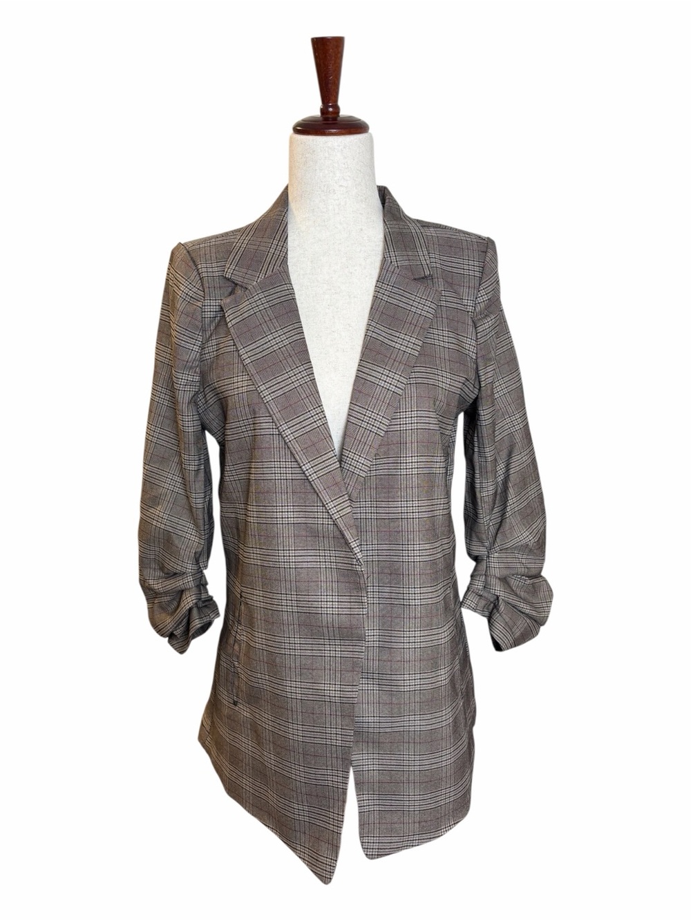 Studio Brown Plaid 3/4 Sleeve Ruched Blazer Sm Med Lg - Picture 14 of 16